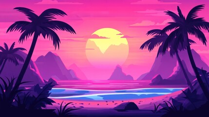 Obraz premium Vibrant sunset over tropical beach with palm trees.
