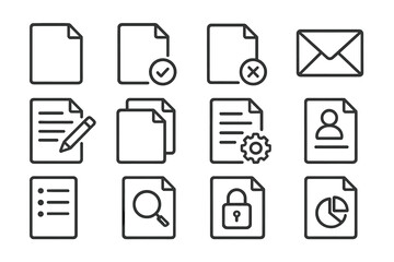 Collection of simple icons representing various document and communication functions suitable for digital or print design