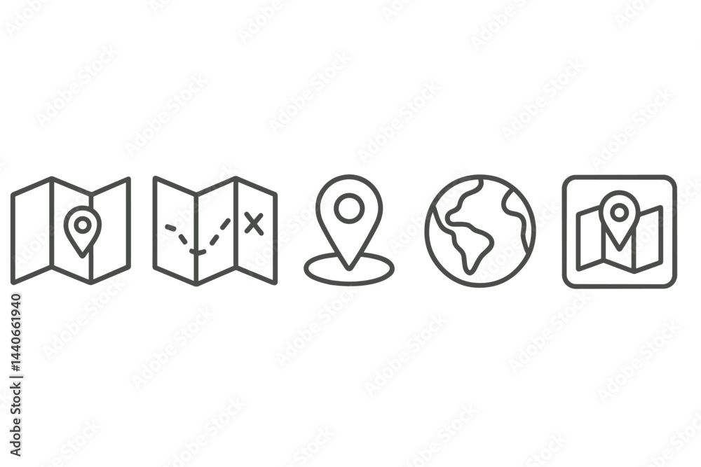 Poster different navigation symbols representing a map and location across various contexts showing explora