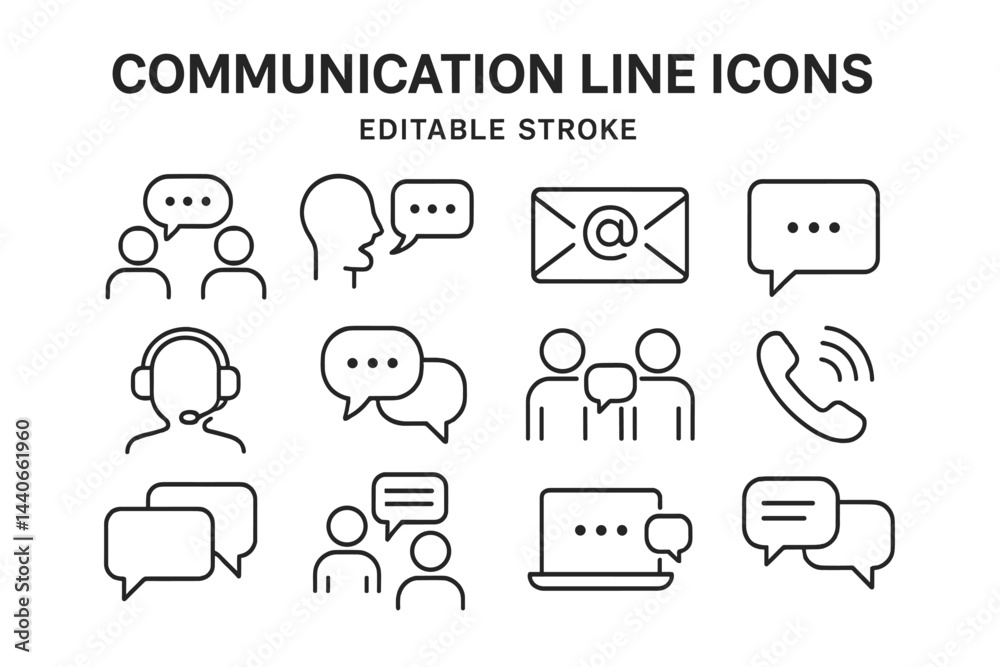 Poster communication line icons showcasing various modes of interaction and messaging in a modern digital l