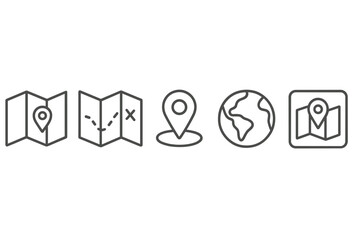 Different navigation symbols representing a map and location across various contexts showing exploration and travel concepts