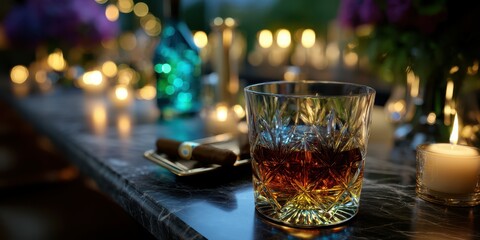 Elegant whiskey glass on marble table with candles and cigar during a sophisticated evening gathering