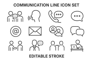Communication line icon set featuring various communication methods and symbols in a simple, editable design focused on modern interactions