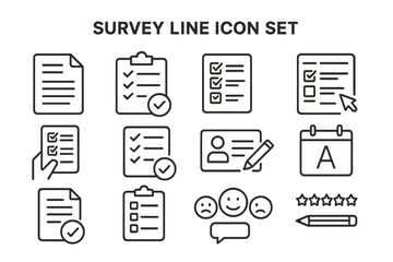 Diverse survey line icons representing various elements of feedback and assessment in a clean, minimalist style