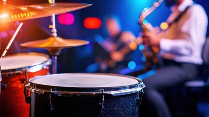 Naklejka premium Hangout Area Concept, Vibrant Jazz Club Scene with Live Band Playing Music and Guests Enjoying the Atmosphere