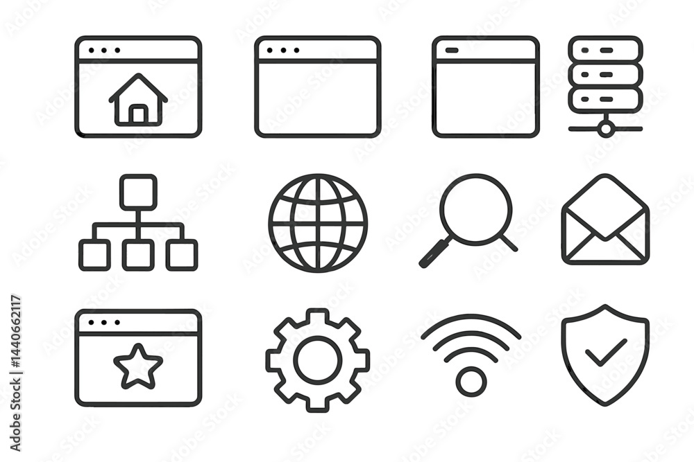 Poster various icons representing website and internet functionalities for digital communication and naviga
