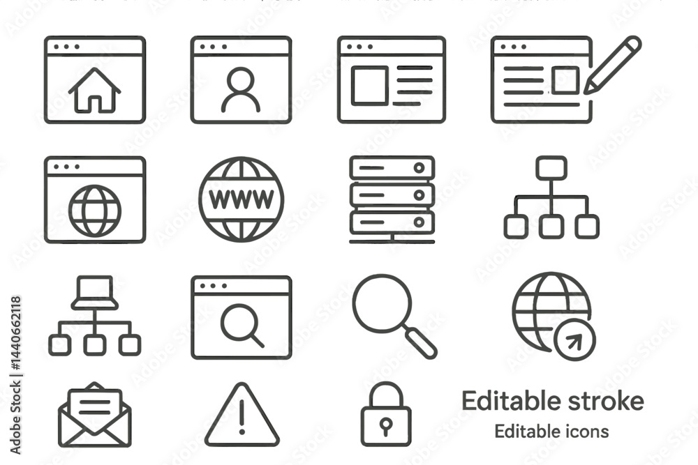 Poster collection of simple icons representing web design, data management, and online navigation concepts