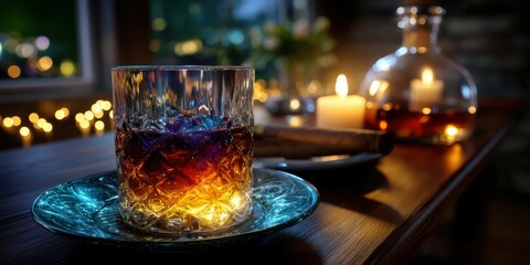 Cozy evening with whiskey and candlelight in a warm setting featuring a glass and cigar beside soft lighting
