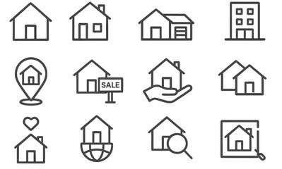 Collection of simple house icons representing real estate for sale, property listings, and home ownership concepts