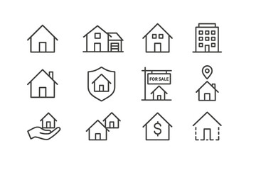 Illustrations of various house icons and real estate symbols for property listings and sales