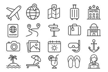 Travel essentials for summer vacation planning with icons of destinations and activities