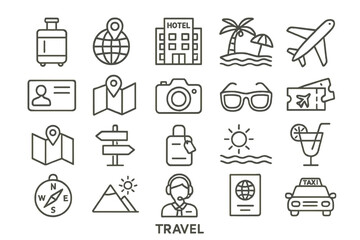 Travel icons showcasing various aspects of journey planning from luggage to accommodations and activities at the beach