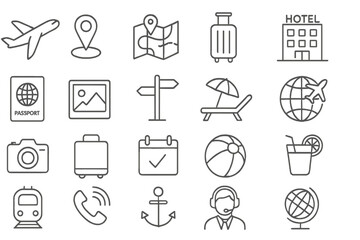 Travel icons depicting various aspects of tourism and vacation planning in a simplified style for easy recognition