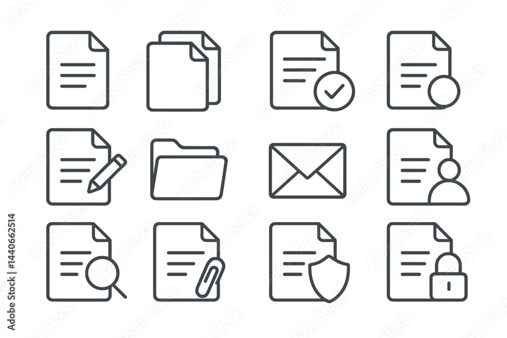 Poster collection of minimalist line icons representing various document and file types arranged in a grid 