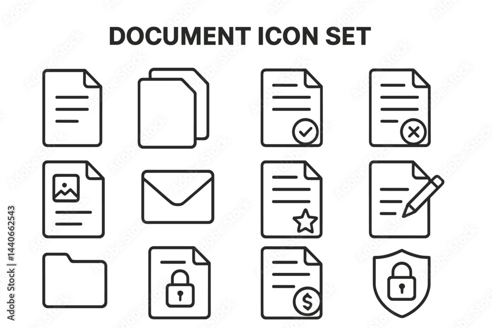 Poster document icon collection showcasing various file types and symbols for digital applications in a min