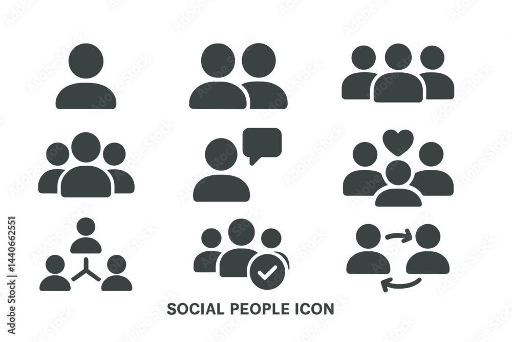 Poster social interaction icons representing various group dynamics and communication styles in a digital c