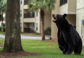 Majestic black bear in a suburban environment with trees and buildings, showcasing wildlife in urban settings and the beauty of nature close to human habitats