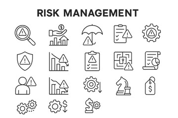 Visual representations of risk management concepts including analysis, protection, and strategies for business