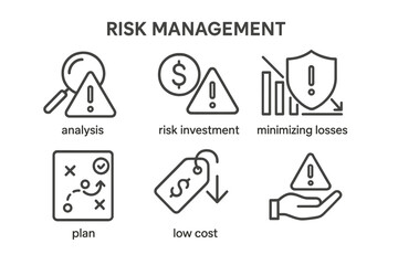 Risk management concepts illustrated with icons demonstrating analysis, investment strategies, loss minimization, planning, and cost effectiveness