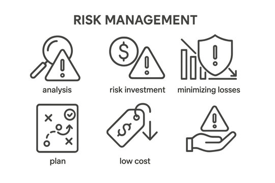 Risk management concepts illustrated with icons demonstrating analysis, investment strategies, loss minimization, planning, and cost effectiveness