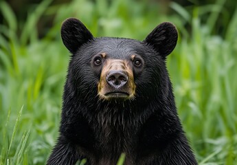 Obraz premium Majestic Black Bear in Lush Green Environment Captured Close-Up with Intense Gaze and Wild Nature Background