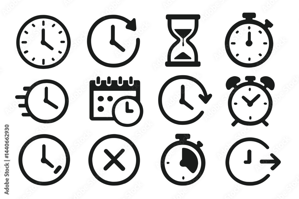 Poster various clock and time-related icons displaying different concepts of time management and measuremen