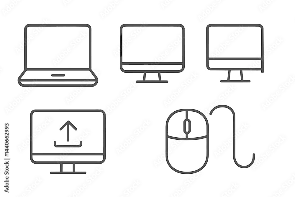 Poster various types of computer screens and a mouse displayed on a minimalistic background