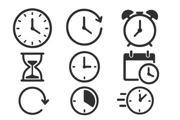 Various clock illustrations showing different time concepts, such as alarm clocks and hourglasses, ideal for visual time management resources