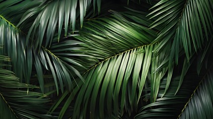 Lush Tropical Palms: A close-up view of vibrant, verdant palm leaves creates a dense, intricate pattern. Emphasizing the freshness of nature and evokes feeling of serenity and tranquility.