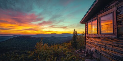 A sunset viewed from a mountaintop cabin, with the glowing sky reflected in the windows.