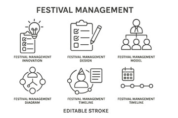 Festival management concepts explained through creative icons and diagrams for effective event planning and organization