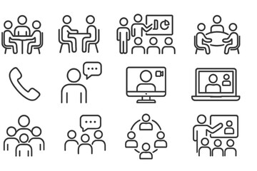 Collection of diverse communication and collaboration icons depicting meetings, discussions, and remote interactions © icon_art