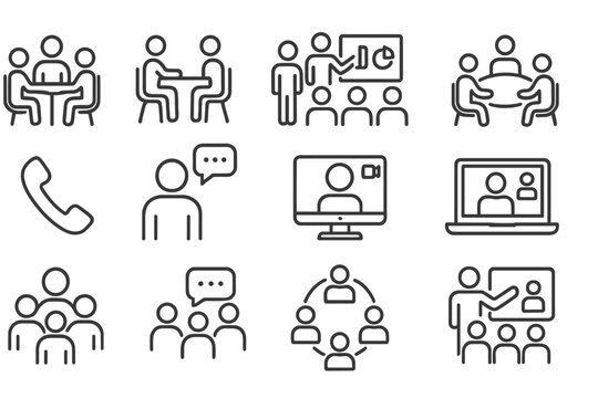Collection of diverse communication and collaboration icons depicting meetings, discussions, and remote interactions