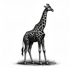 Fototapeta premium Giraffe detailed standing tall in grass on a white background with a space
