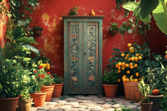 Lush courtyard garden with a vintage painted cabinet.