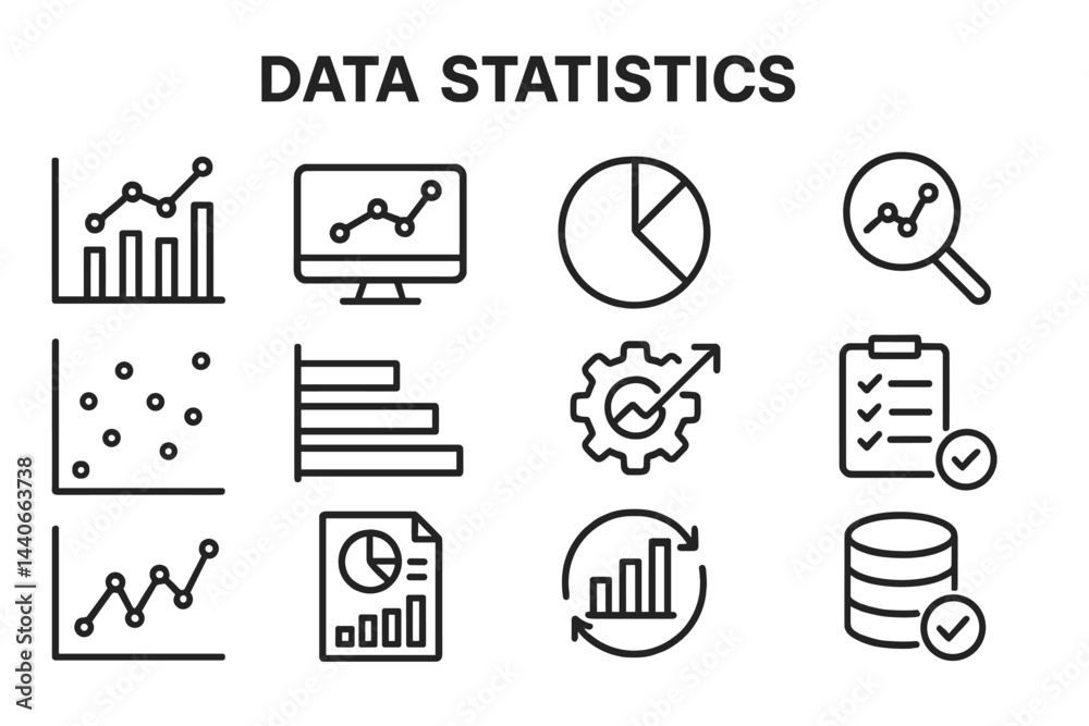 Aufkleber various icons representing data statistics and analysis tools for visualizing information in a digit