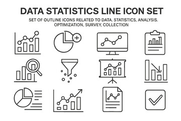 Collection of line icons representing data statistics, analysis, and optimization for surveys and research projects