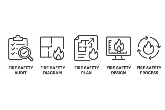 Fire safety audit, diagram, plan, design, and process elements displayed in a conceptual overview of fire safety protocols