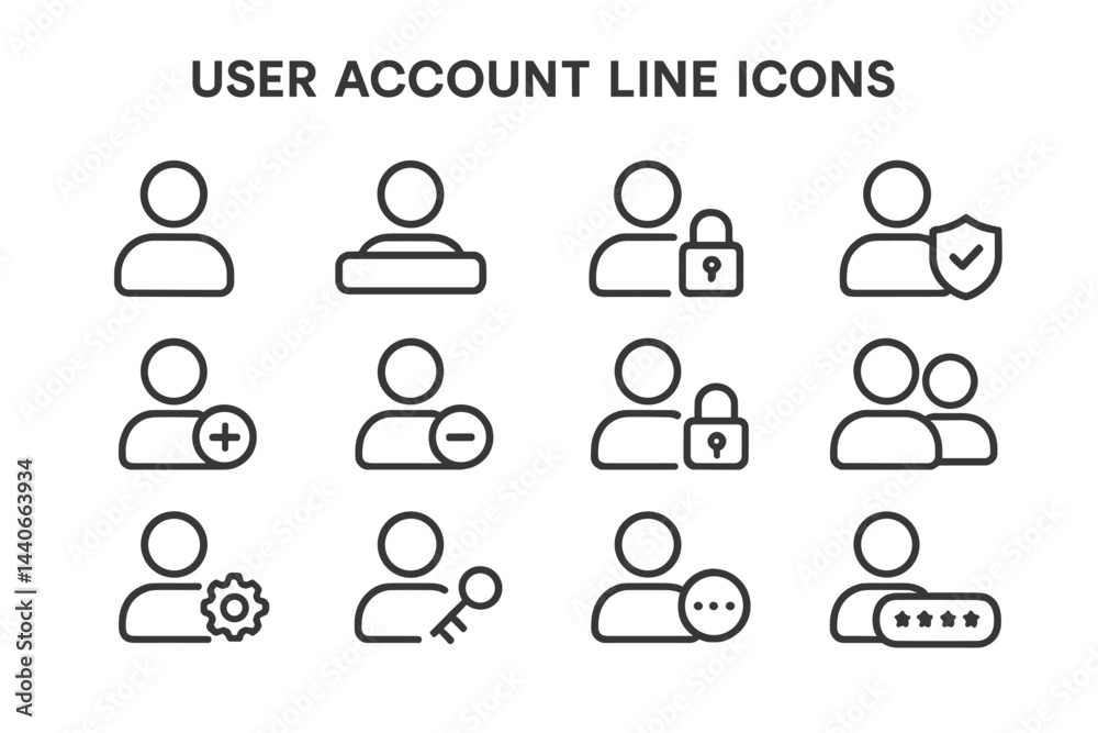 Poster user account line icons represent various functions for managing profiles and security settings in a