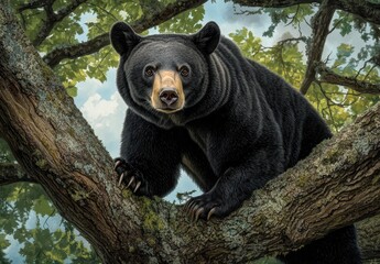 Naklejka premium Majestic black bear perched on a sturdy branch, surrounded by lush green foliage against a serene sky backdrop in a forested landscape.