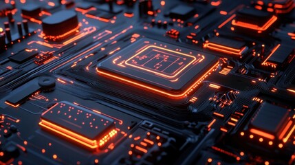 Obraz premium Close-up of a glowing orange CPU on a dark circuit board.