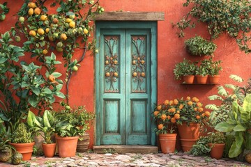 Vibrant terracotta house facade with a teal door and citrus plants.