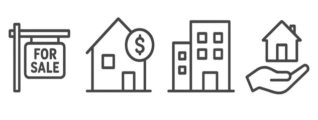 Real estate elements including for sale sign, house symbol, apartment block, and hand holding house icon
