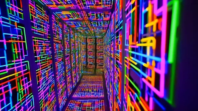Futuristic Neon Tunnel: Abstract Square Tech Design

