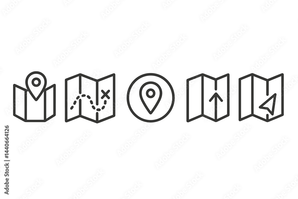 Poster various navigation and map symbols representing location, direction, and exploration in a digital fo