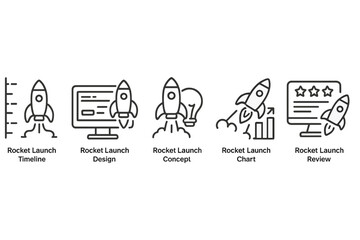 Visual representations of different stages in a rocket launch process including timeline, design, concept, chart, and review