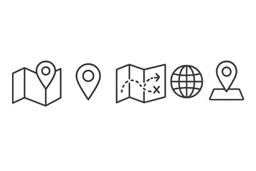 Collection of simple icons representing maps, location markers, and globe with navigation symbols