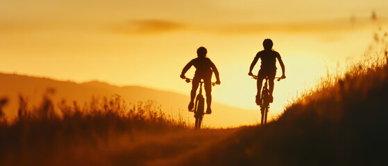 Fototapeta premium Two cyclists riding through the hills at sunset. Silhouettes against the background of mountains and orange sky. The concept of outdoor activities, adventure, freedom, sport and nature.