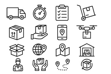 Delivery process icons showcasing transportation, tracking, and logistics operations in a warehouse environment