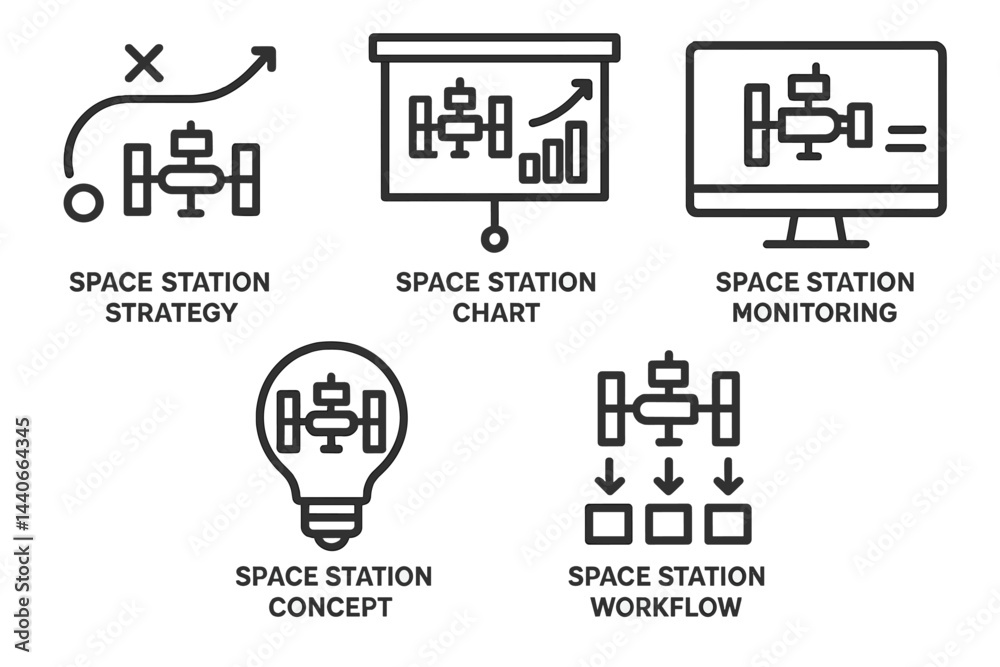 Poster exploring space station strategy and workflow through charts and monitoring systems